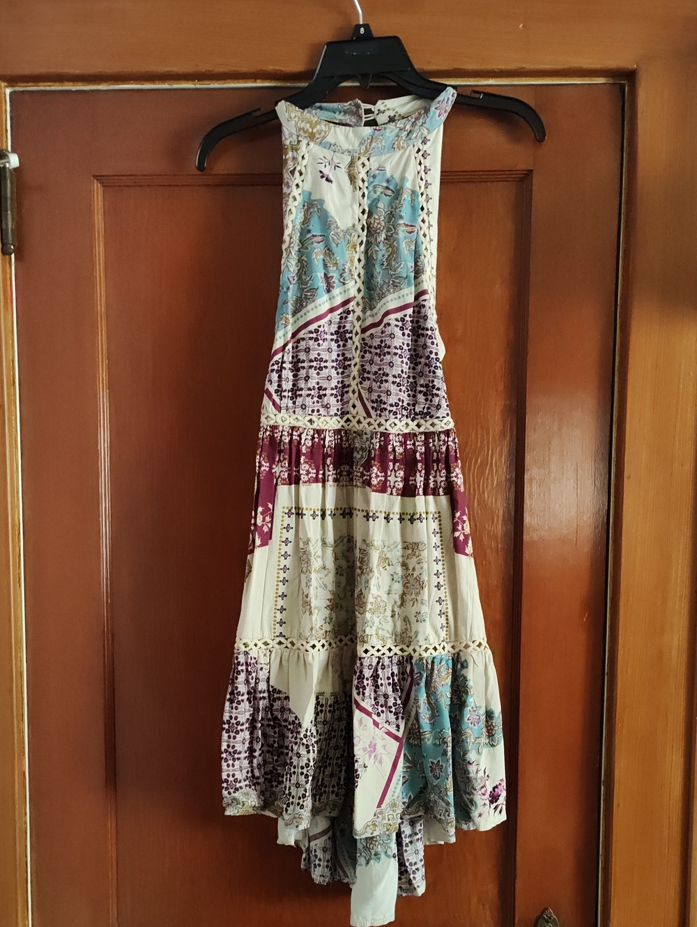 Jaase Cream, Blue & Maroon High-Low Boho  Midi Dress